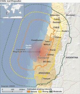 Områder som var berørt av jordskjelvet den 27. februar.